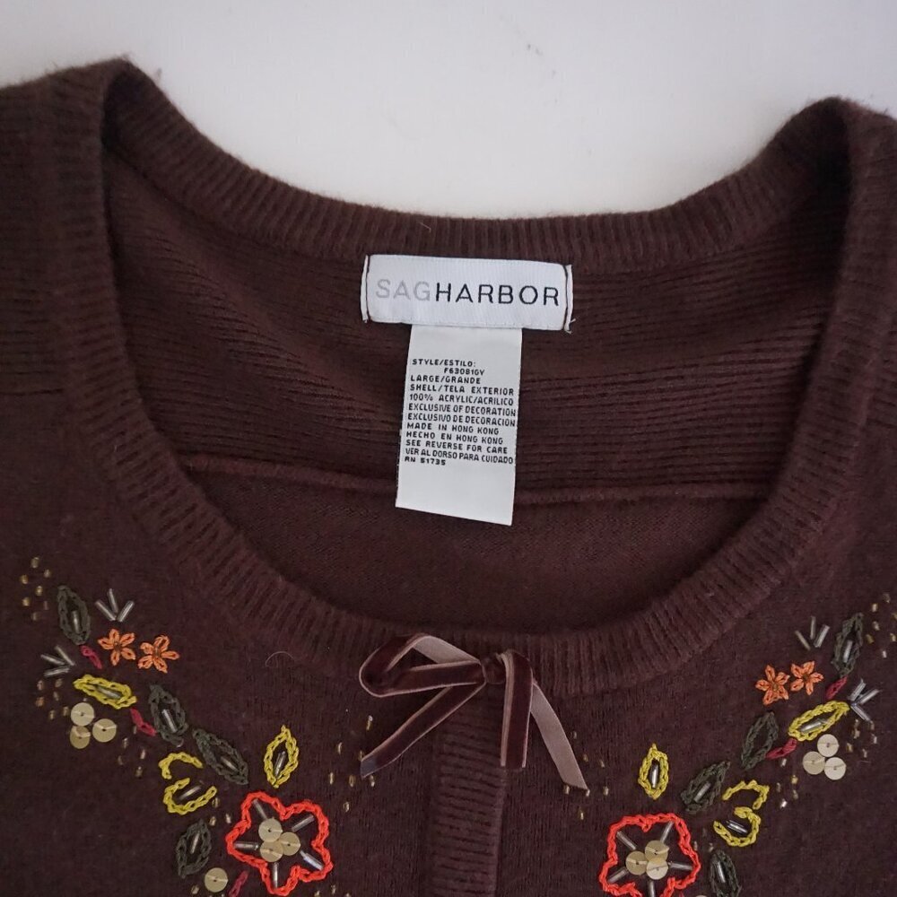VTG Sag Harbor Brown Floral Embroidered Sequin Ribbon Button Knit Cardigan L - Picture 4 of 12